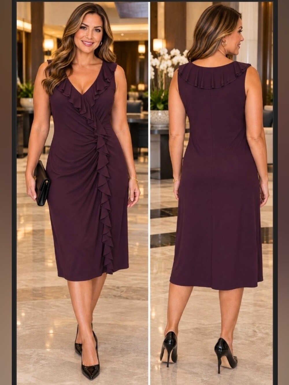 Ralph Lauren Deep Plum Sleeveless Ruffle-Front Dress